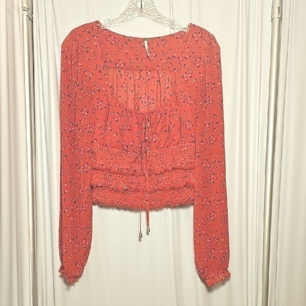 Free People Womens Tied Square Keyhole Neckline Red Floral Polyester Blouse M - Picture 1 of 8